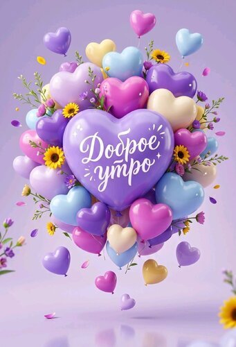 Яркая открытка «Доброе утро» с воздушными шарами в форме сердец и цветами. Нежные пастельные тона, пожелание любви и радости для близких. Открытка Доброе утро Красочная и праздничная открытка с надписью «Доброе утро» на фоне множества разноцветных воздушных шаров в форме сердец. Композиция выполнена в нежных пастельных тонах: фиолетовом, розовом, голубом, желтом и кремовом. Шары дополнены изящными цветами подсолнухов и мелкими полевыми цветочками, создавая атмосферу любви, тепла и радости. Идеальное изображение для пожелания доброго утра, создания романтического настроения или поздравления близких людей в социальных сетях