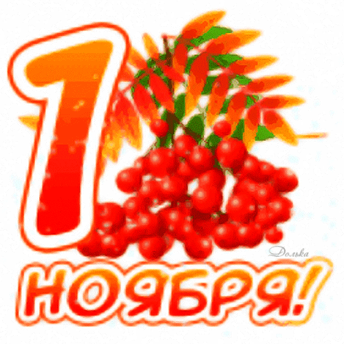 Праздничная открытка к 1 ноября с крупной цифрой «1» и веткой яркой рябины. Красочное осеннее изображение для поздравлений в соцсетях. Анимированная открытка 1 Ноября! Яркая праздничная открытка, посвященная 1 ноября. На изображении представлена крупная стилизованная цифра «1» в теплых оранжево-красных тонах, дополненная пышной веткой рябины с сочными красными ягодами и зелеными листьями. В нижней части расположен праздничный текст «1 НОЯБРЯ!» крупным шрифтом с белой обводкой. Композиция выполнена в осенней цветовой гамме, создавая уютное и праздничное настроение