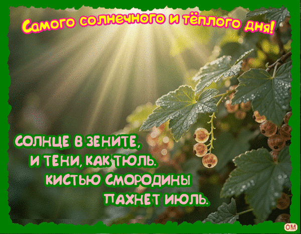 Летняя открытка с веткой смородины и солнечными лучами. Пожелание самого солнечного и теплого дня с красивыми стихами про июль. Анимированная открытка Смородина Красочная поздравительная открытка с летним пейзажем. На изображении запечатлены ветки смородины с ягодами под яркими солнечными лучами, пробивающимися сквозь листву. Текст на картинке гласит: 