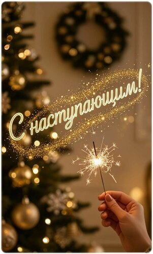 Праздничное поздравление «С наступающим!»: рука с бенгальским огнем, сияющие искры, золотые украшения на елке и уютная новогодняя атмосфера в теплых тонах. Открытка С наступающим! Праздничное изображение с надписью «С наступающим!» на фоне уютной новогодней атмосферы. На переднем плане рука держит горящую бенгальскую свечу, создающую золотистое сияние и искры. Задний план размыт (эффект боке), на нем видны украшенная новогодняя елка с золотыми шарами и праздничный венок