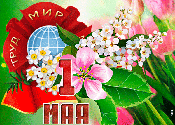 Поздравительная открытка к 1 Мая: земной шар в красной ленте «Мир, Труд, Май» на фоне весенних цветов, тюльпанов и яблони. Праздничная картинка к Дню труда. Анимированная открытка С 1 маем! Праздничная открытка к 1 Мая (Дню труда), выполненная в ярком весеннем стиле. Композиция включает изображение земного шара, обрамленного красной лентой с надписью «Мир, Труд, Май». Декор дополнен нежными цветами яблони, белыми соцветиями и розовыми тюльпанами на зеленом фоне. Изображение передает атмосферу весны, единства и радости празднования Международного Дня труда