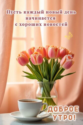 Доброе утро! Красивая открытка с букетом розовых тюльпанов и чашкой кофе. Пожелание хороших новостей на каждый новый день. Идеально для WhatsApp и соцсетей. Открытка Доброе утро! Пусть каждый новый день начинается с хороших новостей. Красивая открытка с пожеланием доброго утра. На изображении представлен нежный букет розовых тюльпанов в стеклянной вазе и чашка горячего ароматного кофе на фоне светлых, солнечных штор. На картинке расположена вдохновляющая надпись на русском языке: «Пусть каждый новый день начинается с хороших новостей» и приветствие «ДОБРОЕ УТРО!»