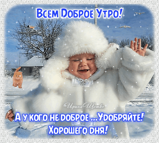 Позитивная открытка «Всем доброе утро!». Милый малыш в белой шубке на зимнем фоне. Желание хорошего дня и отличного настроения для близких и друзей. Анимированная открытка Всем Утро! А у кого не доброе. Удобряйте! Хорошего дня! Яркая и позитивная поздравительная открытка для доброго утра. На изображении запечатлен милый малыш в пушистой белой шубке, который радостно машет рукой на фоне зимнего пейзажа со снегом, деревьями и птицами. Текст на картинке гласит: «Всем доброе утро! А у кого не доброе... удобряйте! Хорошего дня!»