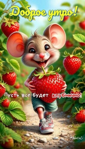 Милая открытка «Доброе утро! Пусть все будет клубнично!» с улыбающейся мышкой и спелой клубникой. Яркое летнее пожелание для хорошего настроения. Открытка Пусть все будет клубнично Милая и яркая поздравительная открытка с изображением улыбающейся мультяшной мышки, которая с удовольствием держит в лапках большую спелую клубнику. На фоне — пышные зеленые кусты с красными ягодами под солнечным светом. Надпись на русском языке: «Доброе утро! Пусть все будет клубнично!»
