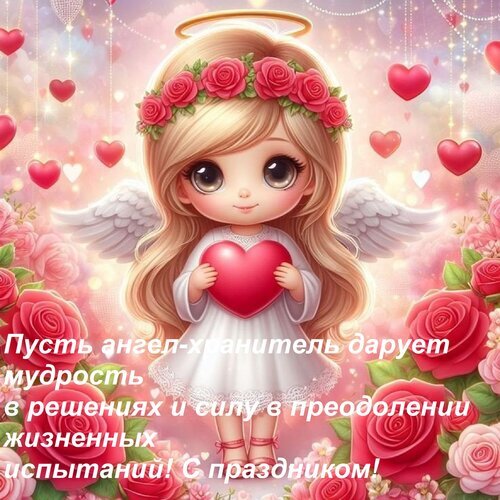 Милая открытка с ангелом, розами и сердцем. Поздравление: «Пусть ангел-хранитель дарует мудрость и силу! С праздником!» Нежная картинка для души. Открытка Пусть ангел-хранитель дарует мудрость в решениях и силу в преодолении жизненных испытаний! С празд Милая и нежная открытка с изображением маленького ангелочка с золотым нимбом и крыльями. Девочка-ангел украшена венком из розовых роз и держит в руках большое красное сердце. Фон выполнен в мягких розовых и перламутровых тонах с мерцающими огоньками, падающими сердцами и пышными цветами. На картинке наложен поздравительный текст на русском языке: 