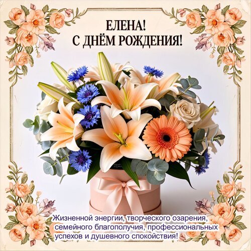 Открытка «Елена, с днем рождения!» с роскошным букетом лилий и гербер. Красивое поздравление с пожеланиями счастья, успеха и душевного спокойствия. Открытка Елена! С днем рождения! Красивая поздравительная открытка с днем рождения для Елены. На изображении представлен пышный букет из нежно-персиковых лилий, розовых гербер и синих васильков в элегантной подарочной коробке с бантом. Композиция обрамлена изящным цветочным венком из роз в пастельных тонах. На картинке размещен праздничный текст: «Елена! С днем рождения!» и теплое пожелание жизненной энергии, творческого озарения, семейного благополучия, профессиональных успехов и душевного спокойствия