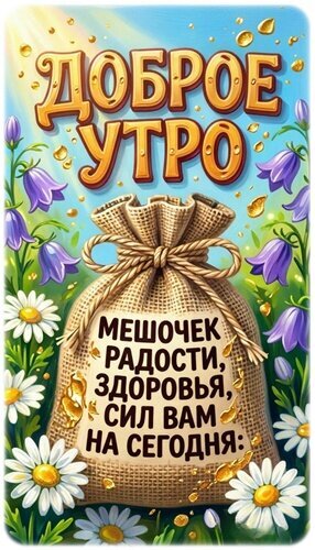 Доброе утро! Красочная открытка с пожеланием радости, здоровья и сил в мешочке. Нежные цветы и солнечный свет для отличного настроения с утра! Открытка Доброе утро! Яркая и позитивная поздравительная открытка с надписью «Доброе утро». В центре композиции изображен холщовый мешочек с текстом «Мешочек радости, здоровья, сил вам на сегодня». Изображение украшено нежными фиолетовыми колокольчиками и белыми ромашками на фоне солнечного утреннего неба