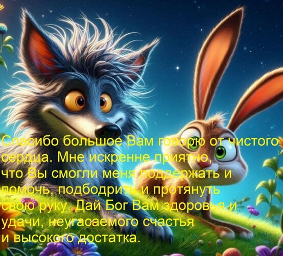 Милая открытка с волчонком и кроликом: слова искренней благодарности за поддержку, пожелания здоровья, удачи, счастья и высокого достатка. Открытка Спасибо большое Вам говорю от чистого сердца. Мне искренне приятно, что Вы смогли меня поддержать и Красочное цифровое изображение в стиле современной анимации, на котором изображены милый серый волчонок и кролик на фоне звездного ночного неба. На картинке наложен текст на русском языке с глубоким смыслом: слова искренней благодарности за поддержку, помощь и добрые пожелания здоровья, удачи и процветания