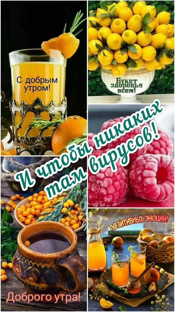 Яркий коллаж с фруктами и соками: пожелания доброго утра, здоровья и позитивных эмоций. Витаминный заряд для отличного настроения и защиты от вирусов! Открытка С добрым утром! И чтобы никаких вирусов! Коллаж из ярких, аппетитных изображений витаминных продуктов: стакана свежевыжатого апельсинового сока, сочного букета лимонов, спелой малины, облепихи и полезных напитков. Картинка наполнена солнечным светом и позитивной энергией. Текстовые надписи на русском языке содержат добрые пожелания доброго утра, пожелания крепкого здоровья и защиты от вирусов, а также пожелания позитивных эмоций