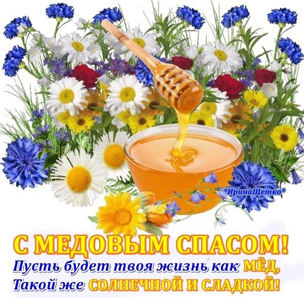 Поздравление с Медовым Спасом: чаша золотистого меда среди полевых цветов (ромашки, васильки) с надписью «Пусть твоя жизнь будет как мед, солнечной и сладкой!» Открытка Медовый спас Яркая и теплая поздравительная открытка к празднику Медовый Спас. На изображении представлена прозрачная чаша с золотистым натуральным медом, из которой льется тягучая струйка с деревянной ложки-веретена. Композицию окружают пышные букеты полевых цветов: белоснежные ромашки, ярко-синие васильки и желтые подсолнухи, создающие атмосферу летнего цветения. Внизу расположена красивая надпись на русском языке: «С МЕДОВЫМ СПАСОМ! Пусть будет твоя жизнь как мед, такой же солнечной и сладкой!»