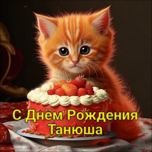 Красивая открытка «С Днем Рождения, Танюша» с милым рыжим котенком и клубничным тортом. Идеальное поздравление для Татьяны в ярком стиле! Открытка С днем Рождения Танюша Милая и яркая поздравительная открытка к дню рождения. На изображении запечатлен очаровательный рыжий котенок с большими выразительными глазами, сидящий рядом с аппетитным праздничным тортом, украшенным свежей клубникой и белым кремом. На переднем плане расположена красивая золотистая надпись на русском языке: 