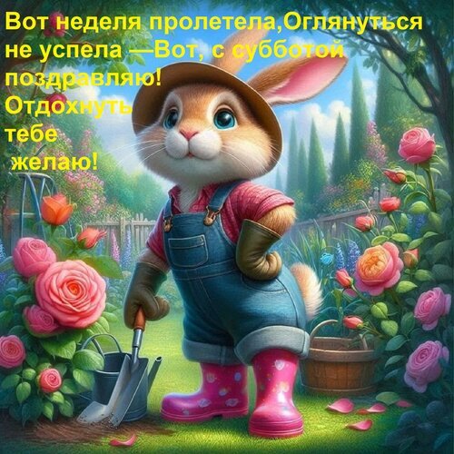 Поздравление с субботой: милый кролик-садовод в окружении роз. Желаем отличного отдыха! Красивая открытка для WhatsApp и соцсетей. Открытка Вот неделя пролетела, Оглянуться не успела — Вот, с субботой поздравляю! Отдохнуть тебе желаю! Милая и яркая поздравительная открытка с изображением очаровательного кролика-садовода. Пушистый зайчик в комбинезоне и шляпе ухаживает за цветущим садом среди розовых роз. На картинке размещен текст на русском языке: Вот неделя пролетела, Оглянуться не успела — Вот, с субботой поздравляю! Отдохнуть тебе желаю!
