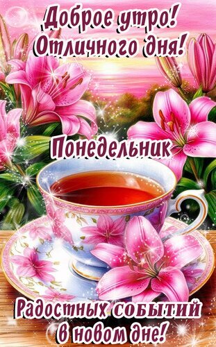 Доброе утро! Красивая открытка с розовыми лилиями и чашкой чая. Пожелание отличного понедельника и радостных событий в новом дне. Открытка Понедельник Красивая поздравительная открытка на утро понедельника. На изображении представлены нежные розовые лилии, чашка ароматного чая и пожелания доброго утра и отличного дня