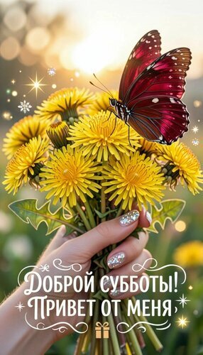 Яркая открытка с одуванчиками и бабочкой. Текст: «Доброй субботы! Привет от меня». Красивое пожелание для соцсетей и мессенджеров. Открытка Суббота Красивая открытка для пожелания доброй субботы. На изображении запечатлен яркий букет желтых одуванчиков, на одном из которых сидит крупная красно-бордовая бабочка с белыми пятнами. В руках девушка держит цветы, на ногтях виден блестящий маникюр. Фон размытый, солнечный, с эффектом боке и мерцающими искрами, создающими атмосферу праздника и тепла. В нижней части расположена красивая надпись на русском языке:  Доброй субботы! Привет от меня