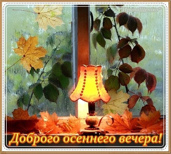 Уютный осенний вечер: теплый свет лампы и золотые кленовые листья на подоконнике. Атмосферное фото для создания настроения уюта и тепла. Открытка Доброго осеннего вечера! Уютная осенняя композиция на подоконнике: теплый свет настольной лампы с декоративным абажуром освещает золотистые кленовые листья на фоне окна. Атмосферное фото передает настроение спокойного осеннего вечера, создавая ощущение домашнего тепла и уюта