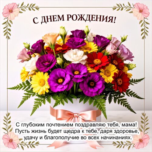 Красивая открытка с ярким букетом цветов и трогательным текстом поздравления с днем рождения для мамы. Душевное пожелание здоровья и благополучия. Открытка С днем рождения! Красивая поздравительная открытка к дню рождения мамы. На изображении представлен пышный и яркий букет разноцветных цветов (розы, герберы, эустомы) в элегантной белой коробке с розовой лентой. На открытке размещен трогательный текст на русском языке: «С днем рождения! С глубоким почтением поздравляю тебя, мама! Пусть жизнь будет щедра к тебе, даря здоровье, удачу и благополучие во всех начинаниях»