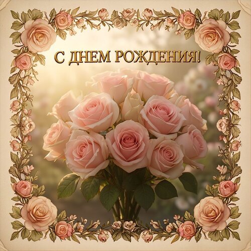 Красивая открытка «С днем рождения!» с букетом нежно-розовых роз в винтажной цветочной рамке. Идеальное поздравление для женщин и любимых. Открытка С днем рождения! Красивая поздравительная открытка к дню рождения с пышным букетом нежно-розовых роз. Изображение оформлено в винтажном стиле с изящной цветочной рамкой из роз и листьев. В центре расположена золотистая надпись на русском языке «С ДНЕМ РОЖДЕНИЯ!». Идеально подходит для отправки в мессенджерах, социальных сетях или использования в качестве цифрового поздравления для женщин, подруг, мам или любимых