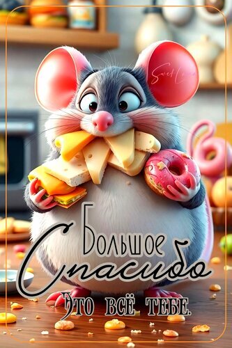 Милый мультяшный мышонок с сыром и пончиком. Картинка с надписью «Большое спасибо, это все тебе» для поздравительных открыток и милых сообщений. Открытка Большое спасибо. Это все тебе Милая и забавная 3D-иллюстрация с изображением пушистого серого мышонка, который с удовольствием ест сыр и держит розовый пончик. На картинке крупным планом показан мышонок с большими ушами и выразительными глазами, окруженный угощениями. В нижней части изображения расположена надпись на русском языке: «Большое спасибо, это все тебе»