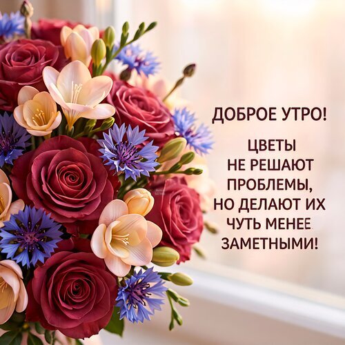 Доброе утро! Красивая открытка с букетом роз, фрезий и васильков и вдохновляющей цитатой о том, что цветы делают проблемы менее заметными. Открытка Доброе утро! Красивое поздравительное изображение с пышным букетом из темно-красных роз, нежных кремовых фрезий и ярко-синих васильков. На картинке нанесен вдохновляющий текст на русском языке: «Доброе УТРО! Цветы НЕ Решают Проблемы, НО Делают ИХ ЧУТЬ Менее Заметными!». Композиция выполнена в светлых, солнечных тонах с мягким размытым фоном, что создает уютную и позитивную атмосферу