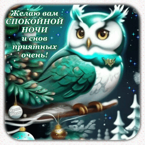 Милая открытка с совой: пожелание спокойной ночи и приятных снов. Красивое зимнее изображение для отправки в мессенджерах и соцсетях. Анимированная открытка Спокойной ночи! Красивая поздравительная открытка с милой мультяшной совой на фоне зимнего ночного леса. На картинке изображена очаровательная белая сова с бирюзовыми перьями, сидящая на ветке. Текст на русском языке гласит: Желаю вам спокойной ночи и снов приятных очень!. Атмосфера изображения наполнена магией ночи, мерцающими звездами и праздничным зимним настроением