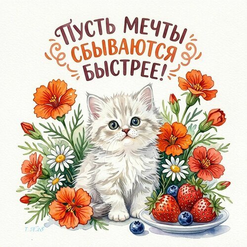 Милый белый котенок в цветах с надписью Пусть мечты сбываются быстрее!. Красивая акварельная иллюстрация для пожеланий и вдохновения. Открытка Пусть мечты сбываются быстрее... Милая и вдохновляющая иллюстрация с пушистым белым котенком, окруженным яркими оранжевыми цветами, белыми ромашками и спелыми ягодами (клубникой и черникой). В верхней части изображения расположена надпись на русском языке: 