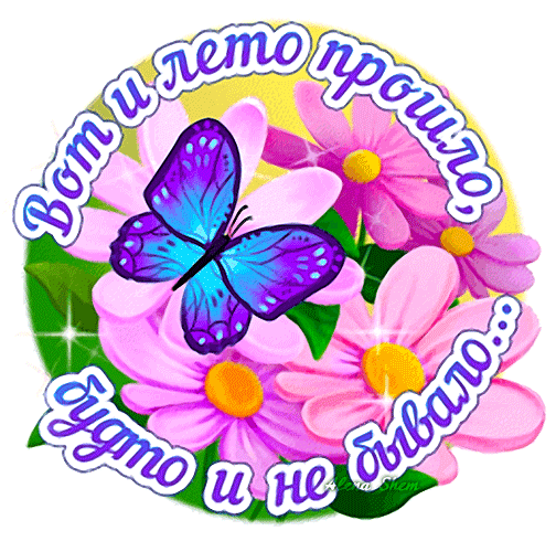 Последний день лета 31 августа. Яркая картинка с фиолетовой бабочкой на розовых цветах и надписью: «Вот и лето прошло, будто и не бывало...». Красивый летний стикер для соцсетей. Анимированная открытка Вот и лето прошло, будто и не бывало... Красочная поздравительная открытка или стикер с изображением яркой фиолетовой бабочки, сидящей на нежных розовых цветах. На картинке присутствует текст на русском языке: «Вот и лето прошло, будто и не бывало...», выполненный стильным шрифтом с белым контуром. Изображение выполнено в ярких, летних тонах, создавая меланхоличное, но эстетичное настроение завершения сезона