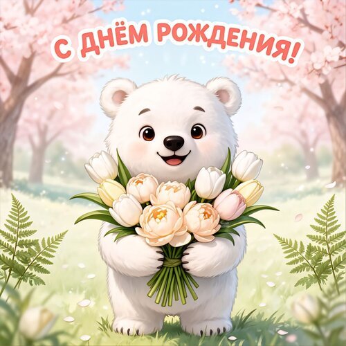 Милая открытка «С днем рождения!» с белым медвежонком и букетом цветов на фоне цветущих деревьев. Идеальное поздравительное изображение. Открытка С днем рождения! Милая и очаровательная поздравительная открытка к дню рождения. На изображении запечатлен пушистый белый медвежонок с добрыми глазами, который держит в лапах пышный букет нежных тюльпанов и пионов. Фон украшен цветущими розовыми деревьями (сакурой) и мягким солнечным светом, создающим праздничную и теплую атмосферу. Сверху расположена яркая надпись на русском языке: «С ДНЕМ РОЖДЕНИЯ!»