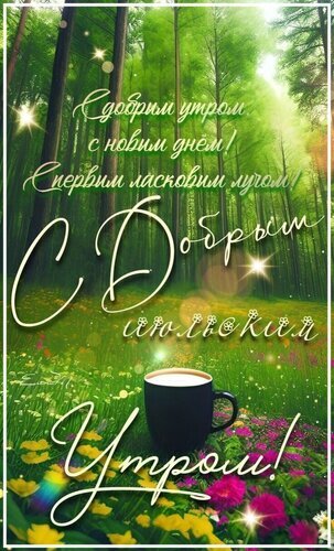 Красивая открытка «С добрым июльским утром!»: чашка кофе, полевые цветы и солнечный лес. Идеальное пожелание хорошего дня и отличного настроения! Открытка С добрым июльским утром! Красивая поздравительная открытка с пожеланием доброго утра на фоне солнечного леса. На изображении запечатлен живописный лесной пейзаж с высокими деревьями, пробивающимися лучами солнца и мягким свечением. На переднем плане среди ярких полевых цветов стоит чашка кофе, создавая атмосферу уюта и спокойствия. Поверх картинки нанесен изящный каллиграфический текст на русском языке: 