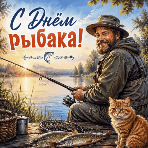 Поздравление с Днем рыбака: улыбающийся рыбак с удочкой и уловом на фоне заката, рядом сидит рыжий кот. Красочная открытка для любителей рыбалки. Анимированная открытка С днем рыбака! Живописная поздравительная открытка к Дню рыбака. На картине изображен улыбающийся рыбак в походной шляпе и экипировке, сидящий на берегу реки с удочкой. Рядом с ним сидит рыжий кот, а на переднем плане лежат свежевыловленные рыбы (щуки), корзина и рыболовная сеть. На фоне — красивый закат над спокойной водой и густой лес. В верхней части крупная надпись на русском языке: 
