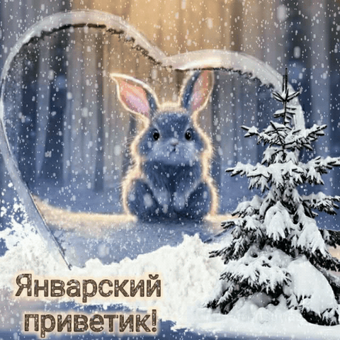 Зимняя открытка с милым серым кроликом в форме сердца и надписью «Январский приветик!». Сказочный лесной пейзаж со снегом и елочкой. Анимированная открытка Январский приветик! Милая зимняя открытка с изображением пушистого серого кролика, смотрящего сквозь ледяную рамку в форме сердца. На переднем плане — заснеженная елочка, а на заднем плане — сказочный зимний лес под падающим снегом. В нижней части картинки расположена надпись на русском языке «Январский приветик!»