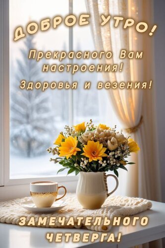 Открытка «Доброе утро! Прекрасного настроения, здоровья и везения! Замечательного четверга!». Уютное фото с цветами и кофе для добрых пожеланий в четверг. Открытка Доброе утро! Замечательного четверга! Прекрасного вам настроения! Здоровья и везения Красивая поздравительная открытка с пожеланиями доброго утра и отличного настроения. На изображении уютный зимний пейзаж за окном, букет ярких желтых цветов в вазе и чашка ароматного кофе на подоконнике. Текст на картинке: «ДОБРОЕ УТРО! Прекрасного Вам настроения! Здоровья и везения! ЗАМЕЧАТЕЛЬНОГО ЧЕТВЕРГА!» Открытка «Доброе утро! Прекрасного настроения, здоровья и везения! Замечательного четверга!». Уютное фото с цветами и кофе для добрых пожеланий в четверг. Открытка Доброе утро! Замечательного четверга! Прекрасного вам настроения! Здоровья и везения Красивая поздравительная открытка с пожеланиями доброго утра и отличного настроения. На изображении уютный зимний пейзаж за окном, букет ярких желтых цветов в вазе и чашка ароматного кофе на подоконнике. Текст на картинке: «ДОБРОЕ УТРО! Прекрасного Вам настроения! Здоровья и везения! ЗАМЕЧАТЕЛЬНОГО ЧЕТВЕРГА!»