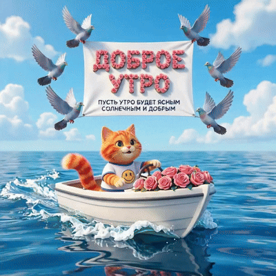 Красивая открытка «Доброе утро»: рыжий кот на лодке с розами в море под голубями. Пожелание ясного и солнечного утра в ярком 3D стиле. Анимированная открытка Доброе утро! Яркая и позитивная открытка с пожеланием доброго утра. На изображении милый рыжий кот в белой футболке с улыбающимся смайликом плывет на белой лодке по спокойному синему морю. Лодка наполнена нежными розовыми розами. В небе, на фоне пушистых облаков, над котом парят голуби, держа в клювах баннер с надписью на русском языке: «Доброе УТРО. Пусть утро будет ясным, солнечным и добрым»