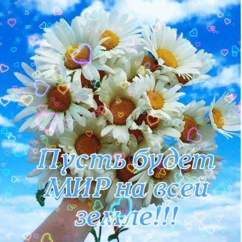 Открытка с ромашками и надписью «Пусть будет МИР на всей земле!!!». Красивое пожелание мира и добра на фоне голубого неба с сердечками. Анимированная открытка Пусть будет мир на всей земле! Красивая поздравительная открытка с букетом белоснежных ромашек на фоне ярко-голубого неба с легкими облаками. Изображение украшено нежными розовыми сердечками и вдохновляющей надписью на русском языке: 