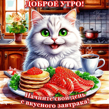 Доброе утро! Милая открытка с пушистым котом, аппетитным завтраком из блинов с икрой и чашкой кофе. Идеально для пожелания отличного начала дня! Анимированная открытка Доброе утро! Милая и аппетитная открытка с пушистым белым котом, который радушно приветствует началом нового дня. На переднем плане изображен роскошный завтрак: стопка золотистых блинчиков и тарелка с красной икрой, дополненная чашкой горячего ароматного кофе