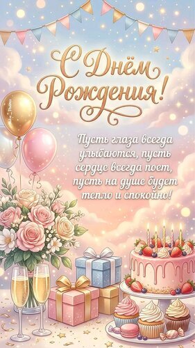 Праздничная открытка «С Днем Рождения!» с цветами, тортом и шарами. Нежное поздравление с пожеланиями счастья и душевного тепла в красивом дизайне. Открытка С днем рождения Красивая праздничная открытка к дню рождения в пастельных тонах. Изображение украшено нежными розами, воздушными шарами, подарками и аппетитным праздничным тортом со свечами. На фоне мягкого закатного неба с облаками расположена золотая надпись «С Днем Рождения!» и трогательное пожелание счастья, улыбок и душевного спокойствия