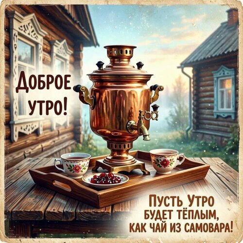 Доброе утро! Уютная картинка с медным самоваром, чаем и ягодами в деревенском стиле. Пожелание теплого и приятного утра в духе русских традиций. Открытка Доброе утро! Пусть утро будет теплым, как чай из самовара! Уютная и теплая картинка для доброго утра в деревенском стиле. На деревянном столе стоит традиционный медный самовар на подносе, рядом — две чашки чая с цветочным узором и тарелка с ягодами. На фоне видны аутентичные деревянные избы в мягком утреннем свете. Изображение наполнено атмосферой домашнего уюта, спокойствия и русских традиций