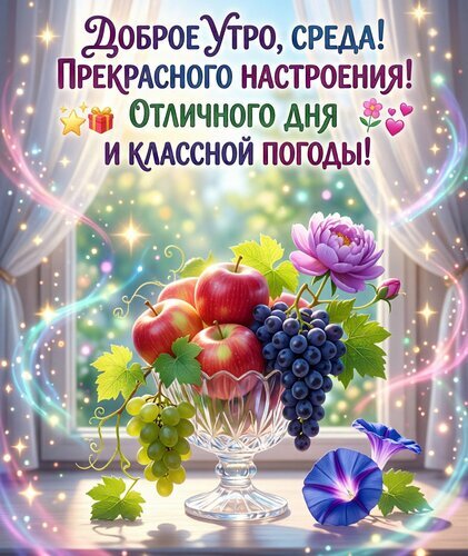 Яркая открытка «Доброе утро, среда!». Натюрморт с фруктами, цветами и магическими искрами на фоне окна. Пожелание отличного настроения и классной погоды! Открытка Доброе утро, среда Красочная поздравительная открытка с пожеланием доброго утра и отличного настроения в среду. На изображении представлен яркий натюрморт в стеклянной вазе: спелые красные яблоки, гроздья темного и светлого винограда, а также нежные цветущие пионы и морской колокольчик. Композиция расположена на подоконнике на фоне светлого окна с мягким солнечным светом. Картинка украшена магическими искрами, световыми бликами и разноцветными лентами, создающими праздничную и теплую атмосферу. Текст на русском языке: Доброе утро, среда! Прекрасного настроения! Отличного дня и классной погоды! Яркая открытка «Доброе утро, среда!». Натюрморт с фруктами, цветами и магическими искрами на фоне окна. Пожелание отличного настроения и классной погоды! Открытка Доброе утро, среда Красочная поздравительная открытка с пожеланием доброго утра и отличного настроения в среду. На изображении представлен яркий натюрморт в стеклянной вазе: спелые красные яблоки, гроздья темного и светлого винограда, а также нежные цветущие пионы и морской колокольчик. Композиция расположена на подоконнике на фоне светлого окна с мягким солнечным светом. Картинка украшена магическими искрами, световыми бликами и разноцветными лентами, создающими праздничную и теплую атмосферу. Текст на русском языке: Доброе утро, среда! Прекрасного настроения! Отличного дня и классной погоды!
