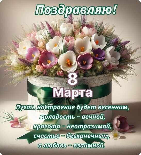 Красивая открытка на 8 Марта с букетом цветов и теплыми пожеланиями весеннего настроения, красоты и любви. Идеальное поздравление с Международным женским днем! Открытка Поздравляю 8 марта Красивая поздравительная открытка к 8 Марта с нежным букетом весенних цветов (крокусов) в белой корзине с зеленым бантом. На изображении расположен праздничный текст на русском языке: «Поздравляю! 8 Марта. Пусть настроение будет весенним, молодость – вечной, красота – неотразимой, счастье – бесконечным, а любовь – взаимной»