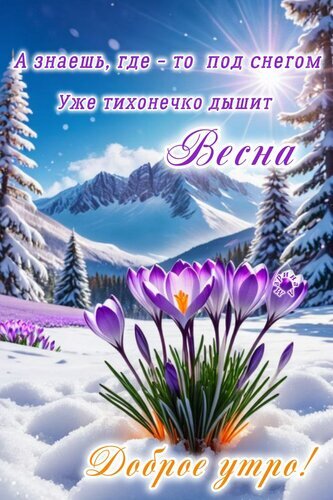 Весенняя открытка «Доброе утро!»: фиолетовые крокусы пробиваются сквозь снег на фоне заснеженных гор. Красивая картинка с пожеланием весны. Открытка Доброе утро! А где-то под снегом уже тихонечко дышит весна Живописная поздравительная открытка, символизирующая приход весны. На изображении запечатлен контраст зимнего пейзажа с заснеженными горами и хвойными лесами с первыми весенними цветами — фиолетовыми крокусами, пробивающимися сквозь белый снег. На картинке присутствует вдохновляющая цитата на русском языке о приближении весны и приветствие «Доброе утро!» Весенняя открытка «Доброе утро!»: фиолетовые крокусы пробиваются сквозь снег на фоне заснеженных гор. Красивая картинка с пожеланием весны. Открытка Доброе утро! А где-то под снегом уже тихонечко дышит весна Живописная поздравительная открытка, символизирующая приход весны. На изображении запечатлен контраст зимнего пейзажа с заснеженными горами и хвойными лесами с первыми весенними цветами — фиолетовыми крокусами, пробивающимися сквозь белый снег. На картинке присутствует вдохновляющая цитата на русском языке о приближении весны и приветствие «Доброе утро!»