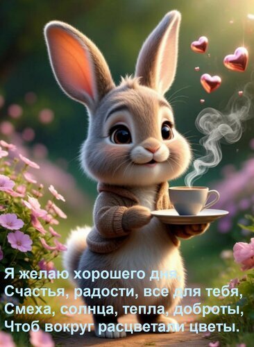 Милый кролик с чашкой чая и пожеланиями счастья и добра. Красивая открытка с цветами и сердечками для хорошего дня и позитивного настроения. Открытка Я желаю хорошего дня, счастья, радости, все для тебя, смеха, солнца, тепла, доброты. Милая и реалистичная 3D-иллюстрация с очаровательным серым кроликом, который держит чашку горячего чая или кофе. Кролик выглядит дружелюбно и уютно, что создает атмосферу тепла и спокойствия. На фоне — размытый весенний сад с цветущими розовыми цветами и магические парящие сердечки. На изображении нанесен текст на русском языке с добрыми пожеланиями хорошего дня, счастья, радости, тепла и доброты