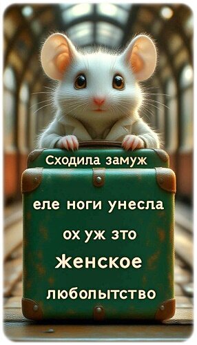 Ироничный мем с милой мышкой у чемодана и текстом о неудачном замужестве и женском любопытстве. Смешная картинка для соцсетей. Открытка Ох уж это женское любопытство. Смешной и ироничный мем с изображением милой белой мышки, которая держит большой зеленый чемодан. На картинке нанесен текст на русском языке: «Сходила замуж еле ноги унесла ох уж это женское любопытство». Иллюстрация выполнена в мультяшном стиле с высокой детализацией, передающая юмористический взгляд на неудачный брак и женскую любознательность