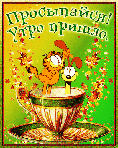 Позитивная открытка Просыпайся! Утро пришло! с Гарфилдом и Оди в чашке кофе на фоне осенних листьев. Идеально для доброго утра и хорошего настроения! Анимированная открытка Просыпайся! УТРО Пришло. Яркая и позитивная поздравительная открытка с изображением популярных мультгероев — котов Гарфилда и Оди. Кот Гарфилд весело сидит в чашке кофе с блюдцем, а его друг Оди выглядывает рядом. На фоне золотистых осенних листьев на зеленом градиентном фоне расположена крупная надпись на русском языке: 