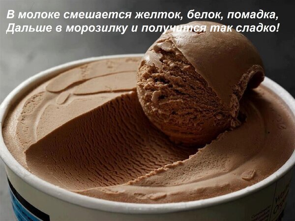 Шоколадное мороженое в контейнере с текстом рецепта: смесь желтка, белка и помадки. Аппетитный десерт для кулинарных сайтов и блогов. Открытка В молоке смешается желток, белок, помадка, Дальше в морозилку и получится так сладко! Аппетитное изображение шоколадного мороженого в контейнере. На поверхности видна текстура кремового десерта с одной крупной шариком-порцией. На картинке наложен текст на русском языке, описывающий процесс приготовления: «В молоке смешается желток, белок, помадка, дальше в морозилку и получится так сладко!»
