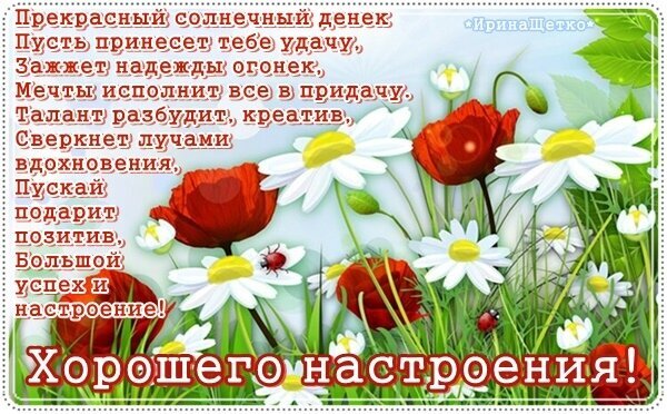 Красочная открытка с цветами (маки и ромашки) и стихами-пожеланиями хорошего настроения, удачи и вдохновения. Идеально для отправки друзьям! Открытка Хорошего настроения! Красивая поздравительная открытка с пожеланием хорошего настроения. На изображении изображен яркий летний луг с красными маками и белыми ромашками на фоне голубого неба. Поверх цветочного пейзажа наложен трогательный стих о удаче, мечтах, вдохновении и позитиве