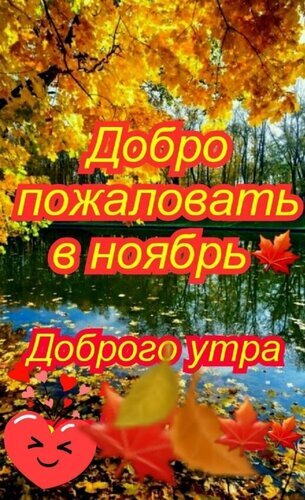 Осенняя открытка «Добро пожаловать в ноябрь». Красивый пейзаж с золотыми листьями, водой и пожеланием доброго утра. Идеально для соцсетей и мессенджеров. Открытка Добро пожаловать в Ноябрь! Доброе утро! Красочное осеннее изображение с надписью на русском языке «Добро пожаловать в ноябрь» и «Доброго утра». На фоне — живописный осенний пейзаж с золотистыми листьями деревьев, отражающимися в спокойной глади воды. Декор дополнен яркими красными кленовыми листьями и милым красным сердечком с улыбкой