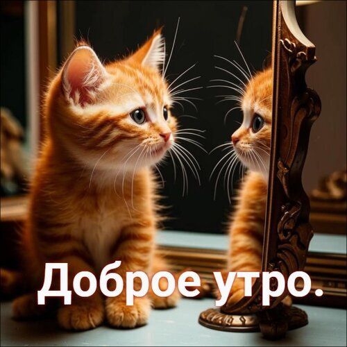 Милый рыжий котенок смотрит в зеркало. Картинка с надписью «Доброе утро.» — идеальная открытка для хорошего настроения и пожелания доброго утра. Открытка Доброе утро Милое изображение рыжего котенка, смотрящего на свое отражение в зеркале. На картинке крупным планом запечатлена мордочка пушистого котика с длинными усами. В нижней части изображения расположена надпись на русском языке «Доброе утро.»