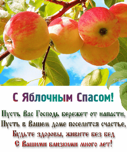 Поздравление с Яблочным Спасом: сочные яблоки на ветках и добрые пожелания здоровья, счастья и Божьей защиты для вас и ваших близких. Анимированная открытка С Яблочным Спасом! Красивая поздравительная открытка к празднику Яблочный Спас. На изображении — сочные спелые яблоки на ветках на фоне голубого неба. В центре расположена добрая душевная надпись на русском языке: «С Яблочным Спасом! Пусть Вас Господь бережет от напасти, Пусть в Вашем доме поселится счастье, Будьте здоровы, живите без бед С Вашими близкими много лет!»