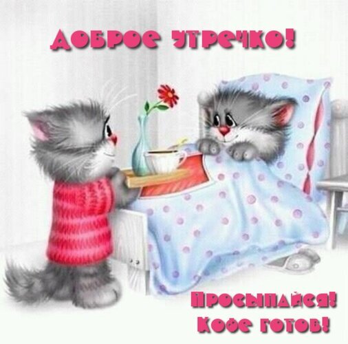 Милая открытка «Доброе утро!» с котятами. Один котенок несет кофе в постель другому. Пожелание бодрого утра и хорошего настроения для близких. Открытка Просыпайся! Кофе готов! Милая и добрая открытка на утро с изображением двух пушистых котят. Один котенок в красном свитере несет поднос с чашкой кофе и цветком, а другой уютно устроился в кроватке под голубым одеялом в горошек. Картинка наполнена теплом и заботой. На изображении надписи на русском языке: «ДОБРОЕ УТРЕЧКО!» и «ПРОСЫПАЙСЯ! КОФЕ ГОТОВ!» Милая открытка «Доброе утро!» с котятами. Один котенок несет кофе в постель другому. Пожелание бодрого утра и хорошего настроения для близких. Открытка Просыпайся! Кофе готов! Милая и добрая открытка на утро с изображением двух пушистых котят. Один котенок в красном свитере несет поднос с чашкой кофе и цветком, а другой уютно устроился в кроватке под голубым одеялом в горошек. Картинка наполнена теплом и заботой. На изображении надписи на русском языке: «ДОБРОЕ УТРЕЧКО!» и «ПРОСЫПАЙСЯ! КОФЕ ГОТОВ!»