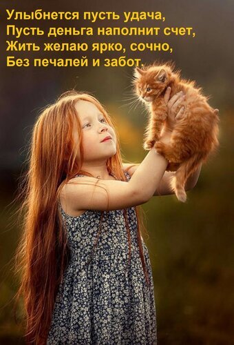Милая девочка с рыжим котенком на фоне природы. Картинка с текстом-пожеланием удачи, достатка и счастливой жизни без забот. Позитивная открытка. Открытка Улыбнется пусть удача, Пусть деньга наполнит счет, Жить желаю ярко, сочно, Без печалей и забот. Трогательное изображение маленькой девочки с длинными рыжими волосами, которая с нежностью держит на руках пушистого рыжего котенка. Девочка одета в летнее платье в цветочек и с улыбкой смотрит на питомца. На фоне — мягкий, размытый природный пейзаж в теплых тонах. На картинке наложен текст на русском языке с пожеланиями удачи, богатства и жизни без печалей и забот