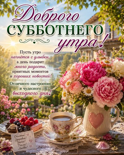 Открытка «Доброго субботнего утра!» с букетом пионов, кофе и ягодами. Красивое пожелание отличного настроения и чудесного выходного дня в солнечный день. Открытка Суббота Красивая поздравительная открытка с пожеланием доброго субботнего утра. На изображении представлен уютный натюрморт на летней веранде: пышный букет розовых пионов в белой кружке с сердечком, чашка ароматного кофе, тарелка с ягодами и десертами. Солнечный свет пробивается сквозь листву, создавая теплую и радостную атмосферу. Текст на русском языке содержит добрые пожелания улыбок, радости и чудесного выходного дня
